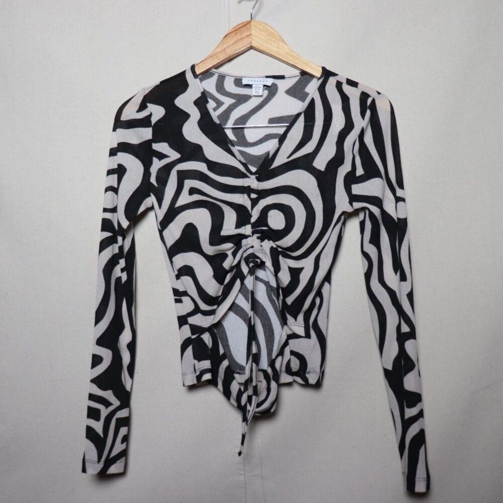 Black White Abstract Swirl Ruched Long Sleeve Top